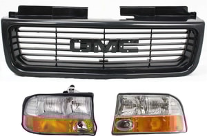 Headlight Assembly Kit for GMC Jimmy 1998-2005/Sonoma 1998-2004, Right Passenger and Left Driver Sides, Halogen, 3-Piece Set, Includes Grille, Replacement