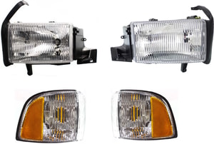 Headlight Assembly Kit for Dodge Full Size Pickup 1994-2002 Right Passenger and Left Driver, 4-Piece Halogen Kit, with Corner Lights Replacement