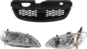 Headlight Kit for 2004-2005 Honda Civic, Right Passenger & Left Driver Halogen Lights, Lens and Housing, 3-Piece with Grille Assembly - Replacement 
