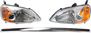 Headlight Assembly Kit for Honda Civic 2001-2003, Right Passenger and Left Driver Halogen Light, 3-Piece with Hood Molding, Replacement