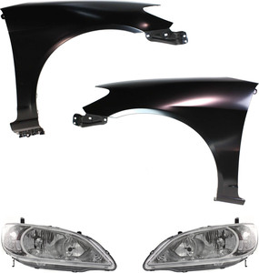 Headlight Kit for 2004-2005 Honda Civic, Includes Right Passenger and Left Driver Lenses and Housings, Halogen, 4-Piece Kit with Fenders, Replacement