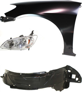 Headlight Kit for Honda Civic 2004-2005, Left Driver Side, Includes Lens, Housing, and Halogen Light, Plus Fender and Fender Liner, 3-Piece Set, Replacement