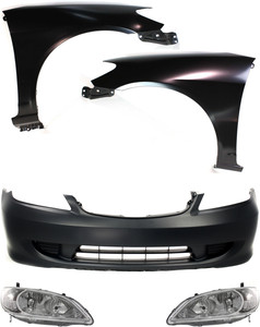 Headlight Replacement Kit for 2004-2005 Honda Civic, includes Right Passenger and Left Driver Halogen Lights, Lens and Housing, 5-Piece Kit with Bumper Cover and Fenders