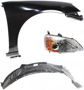 Headlight Assembly Kit for 2001-2003 Honda Civic, Right Passenger Halogen Light, 3-Piece with Fender and Fender Liner, Replacement