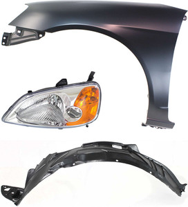 Headlight Assembly for 2001-2003 Honda Civic, Left Driver Side, Halogen, 3-Piece Kit with Fender and Fender Liner - Replacement