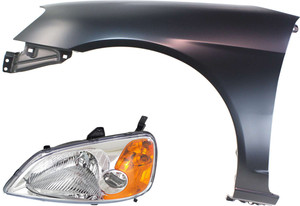 Headlight Assembly Kit for 2001-2003 Honda Civic, Left Driver Side, Halogen, 2-Piece Set with Fender, Replacement