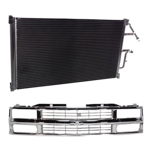 2-Piece Grille Kit for 1994-2000 Chevrolet C2500/C3500/K2500, Chrome Shell and Insert, Cross Bar, with Air Conditioning Condenser Replacement