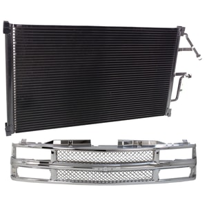 Chrome Shell and Mesh Insert Grille Kit for 1994-2000 Chevrolet C2500/C3500/K2500, with Air Conditioning Condenser, 2-Piece Replacement