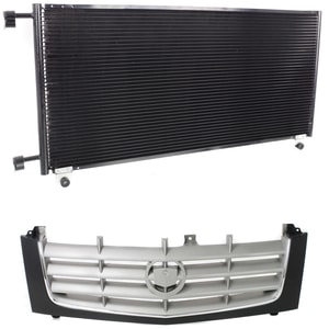 Grille Kit for 2002-2006 Cadillac Escalade/2003-2006 Escalade ESV, 2-Piece Paintable Shell and Cross Bar Insert, Chrome Insert Opening Molding, Plastic, with Air Conditioning Condenser Replacement