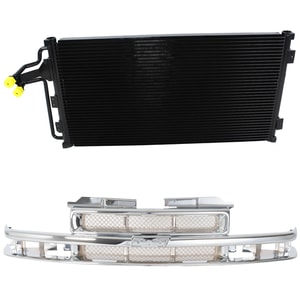 2-Piece Kit Grille for Chevrolet Blazer (1998-2005) and S10 Pickup (1998-2004), Chrome Shell and Insert with Chrome Center Bar, Mesh Insert, with Air Conditioning Condenser, Replacement