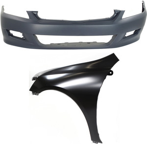 Front Bumper Cover 2-Piece Kit with Left Driver Fender for 2006-2007 Honda Accord, Replacement Part