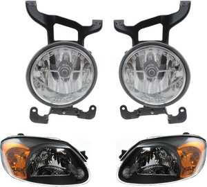 Headlight Assembly Kit for 2003-2006 Hyundai Accent, Right Passenger and Left Driver, Halogen, 4-Piece with Fog Lights, Replacement