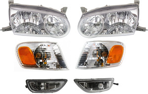 Headlight Assembly Kit for 2001-2002 Toyota Corolla, Right Passenger and Left Driver, Halogen, 6-Piece with Corner and Fog Lights, Replacement