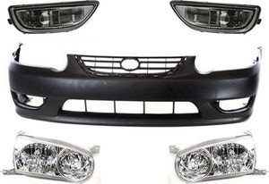 Front Bumper Cover Kit for 2001-2002 Toyota Corolla, Primed (Ready to Paint), 5-Piece with Fog Lights and Headlights, Replacement