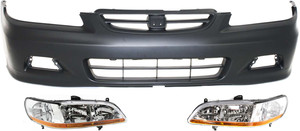 Front Bumper Cover Kit for 2001-2002 Honda Accord, 3-Piece with Headlights, Replacement