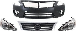 Headlight Assembly Kit for Nissan Altima 2013-2015, Right Passenger and Left Driver, Halogen, 4-Piece with Bumper Cover and Grille Assembly, Replacement