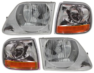 Headlight with Bulbs for Ford F-Series 1997-2004, Right Passenger and Left Driver, 4-Piece Kit, with Corner Lights, Replacement F-150, F-250, F-350, F-450, F-550