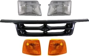 Headlight Kit for 1995-1997 Ford Ranger, Right Passenger and Left Driver, with Bulbs, 5-Piece set, including Corner Lights and Grille Assembly, Replacement