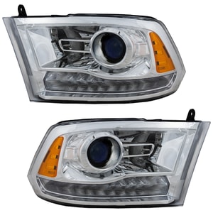 Projector Headlight Assembly for Dodge RAM Full Size Pickup 2009-2012, Right Passenger and Left Driver, Halogen Light, Chrome Interior, with Quad Lights, Code LME, Replacement