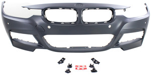 Front Bumper Cover for BMW 3-Series (2013-2019), Primed (Ready to Paint), with M Sport Line, without Headlight Holes, with Parking Distance Control, Intelligent Park Assist System, Camera, Sedan/Wagon Models (2013-2018), Replacement