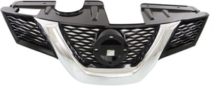 Grille for Nissan Rogue 2014-2016, Painted Black Shell and Insert with Chrome Molding and Hole, SL/SV with Premium Package Model, USA Built Vehicle, Replacement (CAPA Certified)