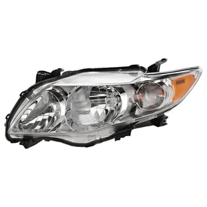 Headlight Assembly for Toyota Corolla 2009-2010, Left Driver, Halogen, Chrome Interior, for Base/CE/LE/XLE Models, North America Built Vehicle, Replacement