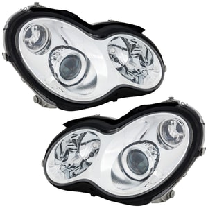 Headlight Assembly for Mercedes-Benz C Class 2005-2007 Sedan/Wagon, Right Passenger and Left Driver, Halogen, Chrome Bezel, 2-Piece, Replacement