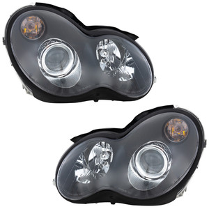 Headlight Assembly for Mercedes-Benz C Class 2005-2007 Sedan/Wagon, Right Passenger and Left Driver, Halogen, Black Bezel, 2-Piece, Replacement