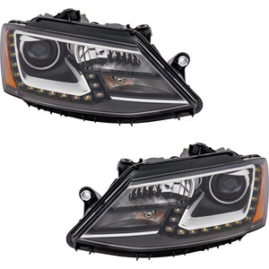 Headlight Assembly for Volkswagen Jetta Sedan 2011-2014, Right Passenger and Left Driver, Halogen, Projector Type, with LED Daytime Running Light, Replacement