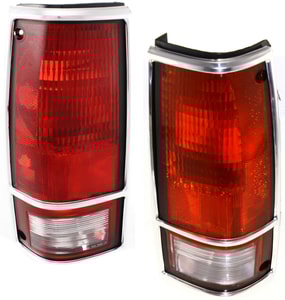 Tail Light Lens and Housing Pair/Set for Chevrolet S10 Pickup 1982-1993, Right Passenger and Left Driver, with Chrome Trim, Replacement