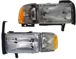 Headlight Assembly Pair/Set for Dodge RAM Full-Size Pickup 1994-2002, Right Passenger and Left Driver, Halogen with Corner Light, Old Body Style, Excludes 1999-2002 Sport Package, Replacement