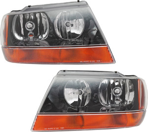 Headlight Assembly Pair/Set for 1999-2002 Jeep Grand Cherokee, Right Passenger and Left Driver, Halogen, Black Interior, Fits Laredo/Sport Models Up To 01-14-2002, Replacement