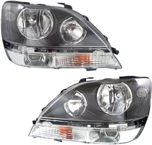 Headlight Assembly Pair/Set for Lexus RX300 1999-2000, Right Passenger and Left Driver, Halogen, Black Interior, Replacement