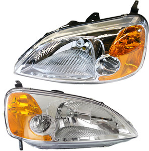 Headlight Pair/Set for Honda Civic 2001-2003, Right Passenger and Left Driver, Lens and Housing, Halogen, Coupe, Replacement
