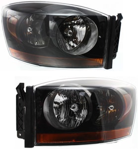 Headlight Assembly Pair/Set for Dodge Full Size Pickup 2006, Right Passenger and Left Driver Side, Halogen, Black Interior, Replacement