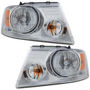 Headlight Assembly Pair/Set for Ford F-150 2004-2008, Mark LT 2006, Halogen, Right Passenger and Left Driver, Chrome Bezel Replacement