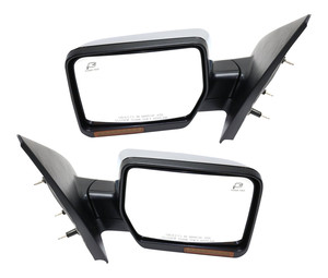 Mirror Pair/Set for Ford F-150 2007-2008, Right Passenger and Left Driver, Non-Towing, Power Operated, Power Folding, Heated, Chrome, w/ In-Housing Signal Light & Memory, w/o Auto Dimming & BSD Replacement