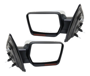 Mirror Pair/Set for 2009-2010 Ford F-150, Right Passenger and Left Driver, Non-Towing, Power Operated, Manual Folding, Heated, Chrome, with In-Housing Signal Light and Memory, Without Auto Dimming or Blind Spot Detection Replacement