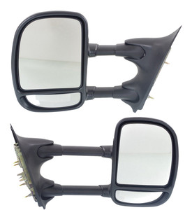 Towing Mirror Pair/Set for Ford F-Series Super Duty 1999-2007, Right Passenger and Left Driver, Manual Adjust and Folding, Non-Heated, Textured, Single-Swing Type Replacement Models: for F-250, F-350, F-450, F-550.