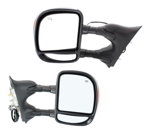 Towing Mirror Pair/Set for Ford F-Series Super Duty (2002-2007)/Excursion (2000-2005), Right Passenger and Left Driver, Power, Manual Folding, Heated, Chrome, Dual Glass, Double-Swing Type, with Signal Light, Replacement