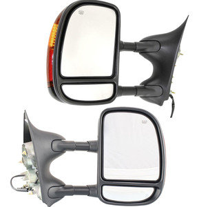 Towing Mirror Pair/Set for Ford F-Series Super Duty 2002-2007, Right Passenger and Left Driver, Power, Manual Folding, Heated, Paintable, Double-Swing Type Replacement. Specific Models: for F-250, F-350, F-450, F-550.