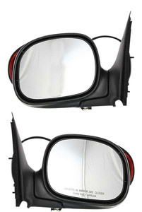 Mirror Pair/Set for Ford F-150 1997-2004, F-250 1997-1999, Right Passenger and Left Driver, Power Adjustable, Manual Folding, Non-Towing, Non-Heated, Paintable, Contour Style with Signal Light in Housing, Regular and SuperCab Replacement