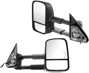 Towing Mirror Pair/Set for Chevrolet Silverado/Sierra 2003-2006 & 2007 Classic, Right Passenger and Left Driver, Power Adjustable, Manual Folding, Heated, Textured, w/ Signal Light, Replacement