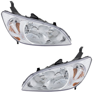 Headlight Pair/Set for 2004-2005 Honda Civic Coupe/Sedan, Right Passenger and Left Driver Lens and Housing, Halogen Replacement