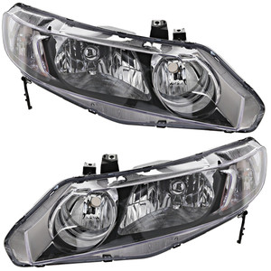 Headlight Lens and Housing Pair/Set for 2006-2011 Honda Civic Sedan Including Hybrid Model, Right Passenger and Left Driver Halogen Light Replacement
