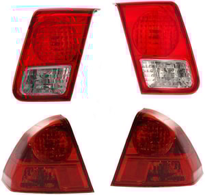 Inner and Outer Tail Light Assembly Pair/Set for 2003-2005 Honda Civic Sedan, Right Passenger and Left Driver, Excluding Hybrid Model, Canada/USA Built Vehicle Replacement