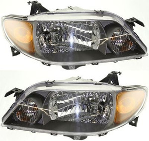Headlight Assembly Pair/Set for 2001-2003 Mazda Protege Sedan, Includes Right Passenger and Left Driver Side, Halogen, with Metal Coat Bezel, Replacement