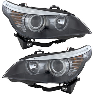 Headlight Assembly Pair/Set for BMW 5-Series Sedan/Wagon (2008-2010), Halogen, Right Passenger and Left Driver, Replacement - Fits: 520i, 523i, 525i, 528i, 530i, 535i, 540i, 550i, M5.