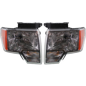 Headlight Assembly Pair/Set for Ford F-150 2009-2014, Right Passenger and Left Driver Side, Halogen, with Chrome Trim, Replacement