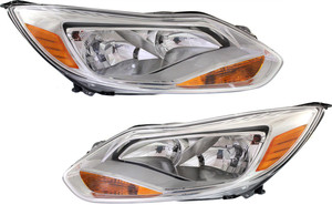 Pair/Set - Headlight Assembly for Ford Focus 2012-2014, Right Passenger and Left Driver, Halogen, S/SE/SEL Models, Hatchback/Sedan, Replacement